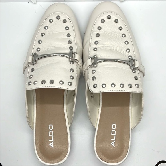 Aldo Leather Slip-On Studded Mules Slip On Flats Horsebit Womens Sz 8 ~ White - Picture 2 of 6